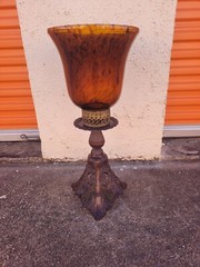 Large 23″ Tall Amber Tortoise Shell Glass VASE/Candle Holder. HEAVY Brass BASE