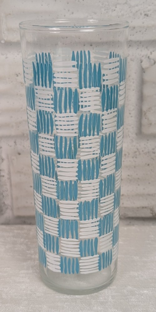 Vintage Atomic Turquoise White Hatch Pattern Tumbler Glass 7″ Mid Century MCM