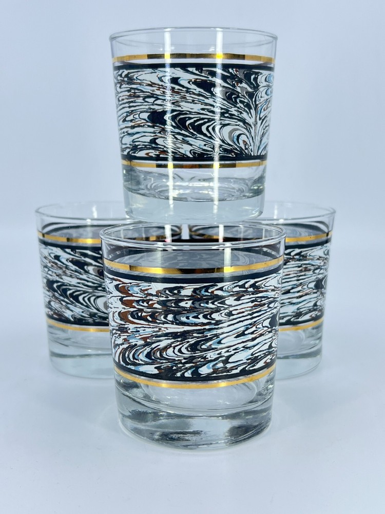 4 Anchor Hocking Glasses Gold Band Swirl Brown Gray Rocks Glasses VTG 1980s