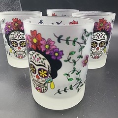 Set (4) Culver Sugar Skull Day Of The Dead Frosted Glasses Old Fashion Glasses