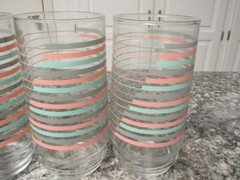 4 Vintage Pink Turquoise Gray Stripe MCM Retro 80s Glass Drinking Tumblers 16 oz