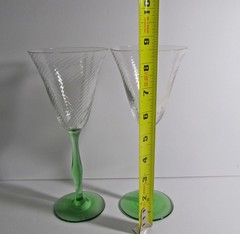 2 Tiffin Swirl Optic Green Uranium Stem Tall Wine Water Goblets Glasses 8.5″