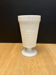 Vintage Footed Tumbler Goblet White Milk Glass Grapes Leaves 5.75″