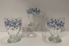 VTG Blue & Gray Flowers, White Line Design, Juice Glasses, Set of Three (3) Rare