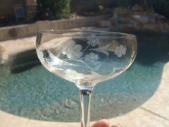 Vintage Cut Etched Blown Glass 5 Champagne Sherbet Glasses Floral Design