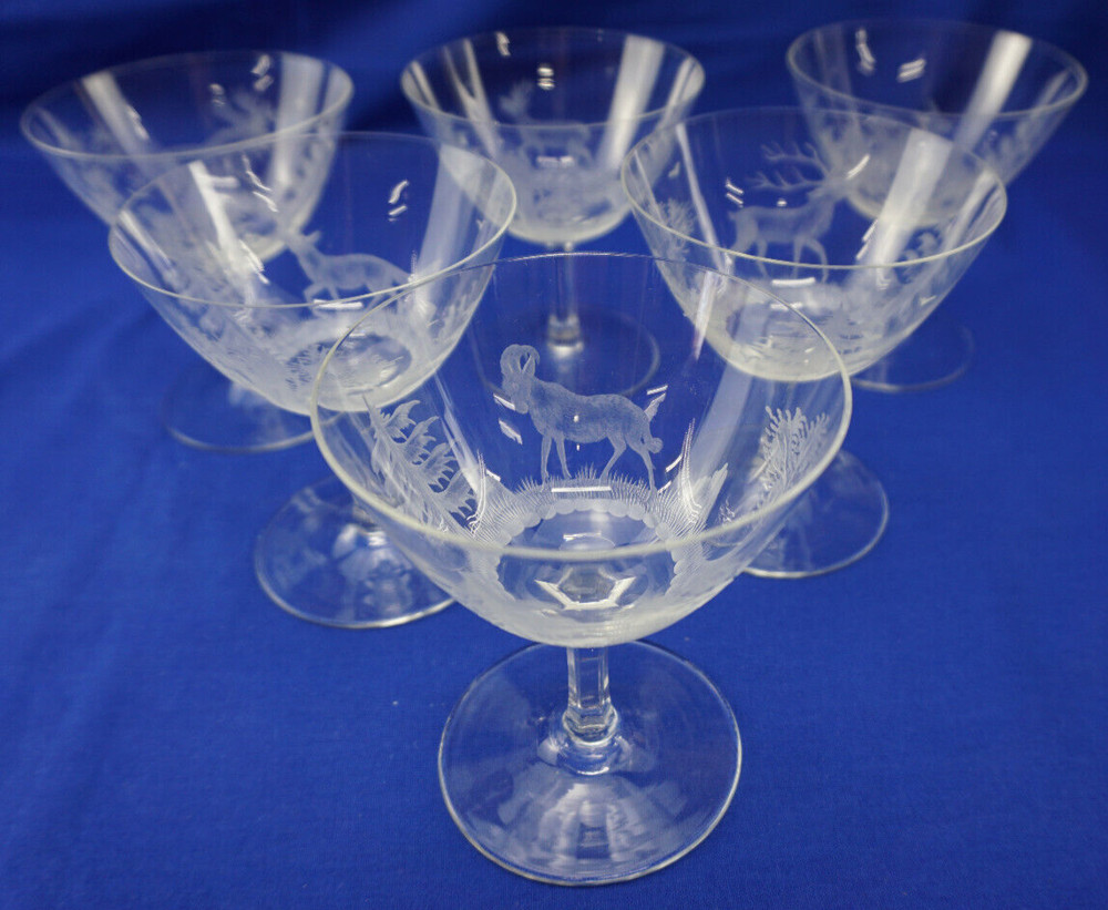 Hunt Safari Animal Scenes-(6) Tall Sherbet Champagne Glasses, 4½» -LOT C (B61)