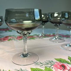 Set Of 4 Vintage SASAKI Coronation Smoke Gray Swirl Champagne Glasses 5” EXC