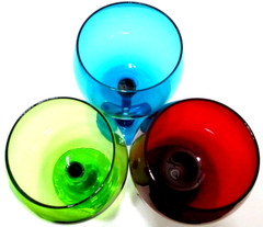 Hand Crafted Glass Balloon Wine Goblets SET OF 3 Red Blue Green Stemware 8 1/4″