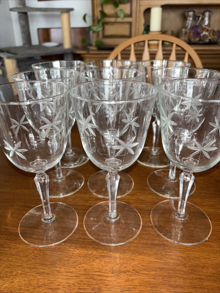 9 Libbey Rock Sharpe Candlelight Cut Atomic Star Stem 7” Water Goblet(s) MCM EUC