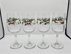 Set of 4 Libbey Glass Company Winter Village Water Goblets Christmas Snow Farm