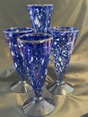 Art Glass Iced Tea Water Cup Footed Tumblers Goblets Cobalt Blue White Thick 8″