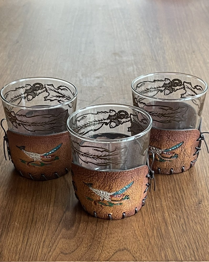 Vintage 6oz Whiskey Tumbler Glasses Tooled Leather Holders w Road Runners 3 Set
