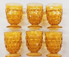 6 Vintage Indiana Amber Whitehall Cube Cubist Pattern 9 oz. Juice Glasses