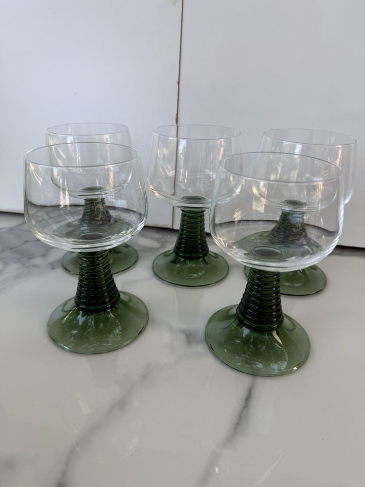 Vintage Luminarc France Roemer Green Ribbed Beehive Stem Wine Glasses Set of 5