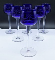 FRENCH Baccarat Blue Crystal Lily of the Valley Floral Hoock Wine Glasses Set 6