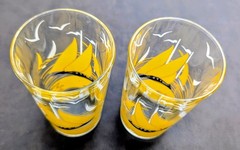 2 Vtg Yellow Sailboat Seagull Glass Drinkware Tumblers MCM Nautical USA Ex Cond