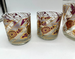 VTG Culver Gold Red Chrysanthemum Rocks Glasses Set of 4 With Ice Bucket Barware