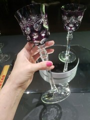 2 Wine goblets Glasses hocks, Amethyst Purple Cut to clear Crystal Lausitzer
