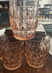 3 VTG Pink Jeannette Glass WINDSOR DIAMOND Flat Juice Whiskey Low Ball Tumblers