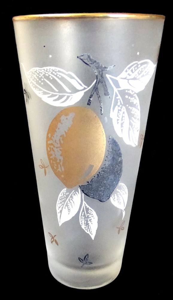Vin Libbey Highball Glass Tumbler Tom Collins Frosted Citrus Design Gold Detail