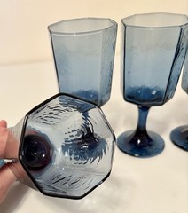 Set Of 4 Libbey Facets Blue Wine Glass Goblets Octagon Mid Mod Stemware MCM VTG