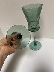 Crofton Ribbed Green Wine Glasses Goblets Gold Rim.