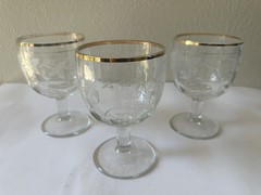 Set of 3 Vintage Bartlett Collins Grape Leaf Etched Glass Goblet Gold Rim