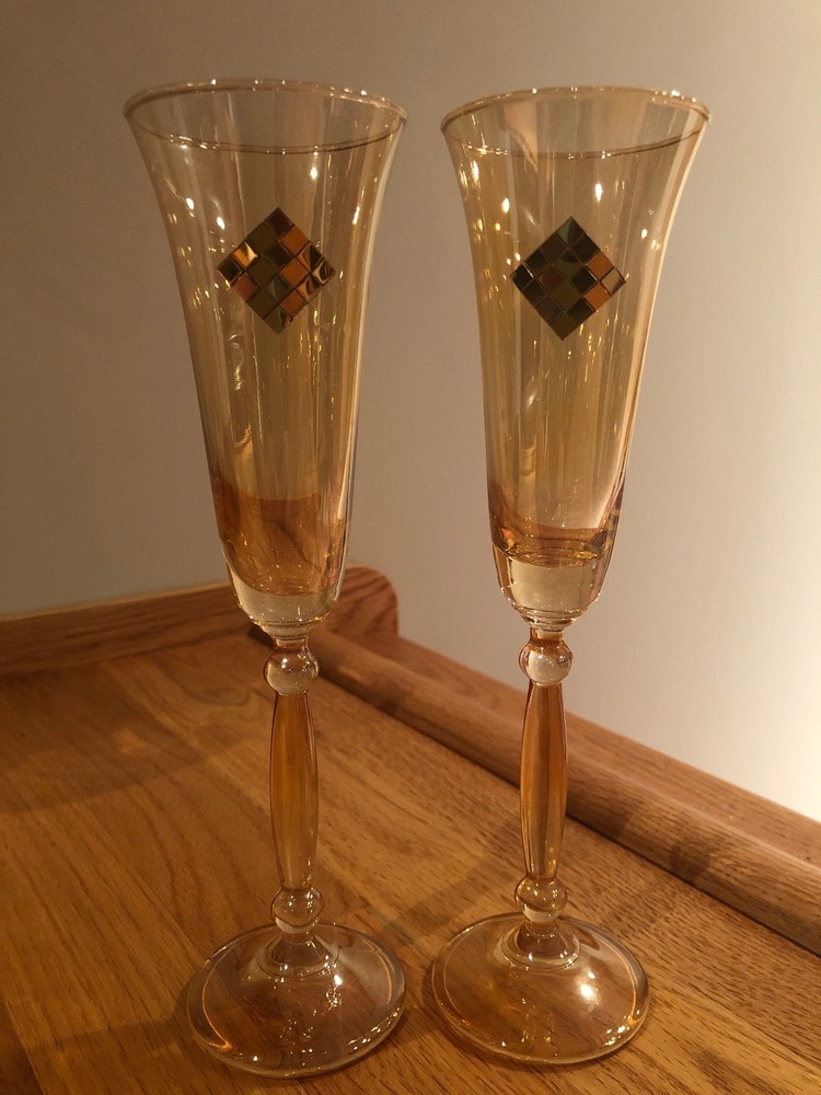 Franco Creazioni Amber Crystal Champagne Flutes w/ Gold Tiles (Italy) ~ S2 MINT