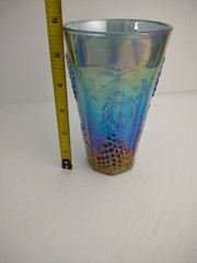 Indiana Glass Co. Blue Carnival Tumbler w Grapevine Grapes & Leaf Irridescent