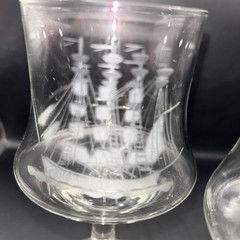 Crystal barware tulip shape clear Glasses ETCHED SHIP Nautical Ocean Set Of 3