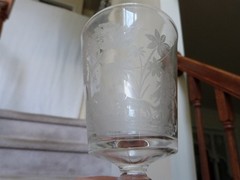ANTIQUE EAPG Gillinder & Sons Hunter Deer Dog Water Goblet Glass RARE 6.5″ L2