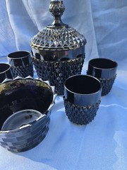 Vintage Indiana Glass Tiara Cameo Black Diamond Point Ice Bucket 4pc Cup & Bowl