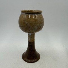 Set Of 3 Studio Art Pottery Wine Goblets Glasses Ceramic Brown Beige