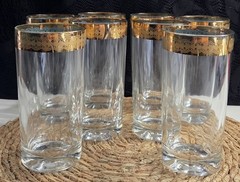 8 Vtg Gold Rim Tom Collins Highball Glasses w/ Interior Turquoise Rim
