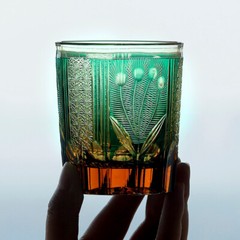 Amber Green Whiskey Glasses Japanese Style Hand Cut Crystal Kiriko Glass 8.5oz