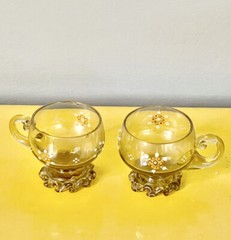 Pair Antique Bohemian Hand Blown & Enameled German mini tea cup Cordial Glasses
