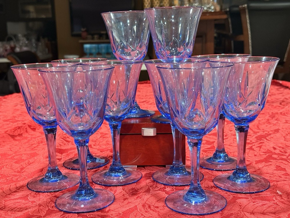 Stunning Vintage Avon Fostoria American Blue Goblets Set Of 10 Ex Cond 1980s