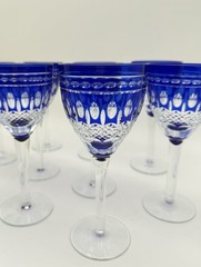 Vintage Akja Cobalt Blue Cut To Clear Tall Stem Wine Glasses Set of 10 6-3/4″