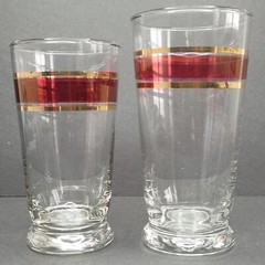 Libbey Glass Mid Century 10oz Highball Tumbler Magenta Band Gold Stripes x 6