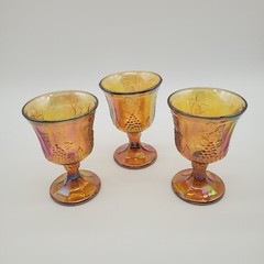 3 Vintage Indiana Light Marigold Grape Harvest Carnival Glass Goblets