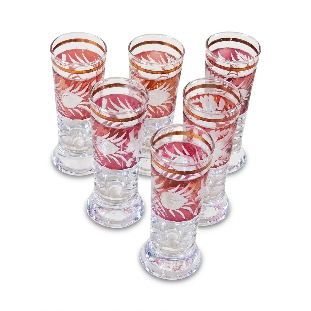 Bohemian Pink Cut To Clear VTG Cordial Glasses Set 6 Gold Trim Etched Crystal