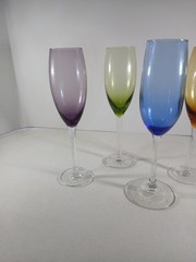 Purple Blue, Amber, Green (4) Champagne Flutes SET,9.25″ Vintage colored glass