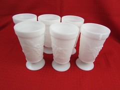 Vintage 10oz. Milk Glass Footed Goblet Set of 6 Grape & Vine Motif 1950s