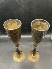 Vintage Brass Champagne Flutes With Fleur Des Lis Design Patina