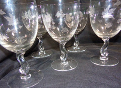 5 Fostoria Glass Sylvan Maple Leaf Wine Goblets Signed 5 3/4
