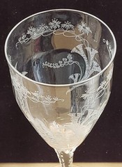 3 Central Glass Works Floral Trumpets Needle Etch, Cut Stem 8-1/8” Water or Wine