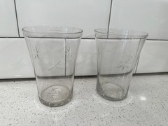 Set of 2 MCM Clear Etched Atomic Starburst Drinking Glasses 4-1/8″ x 2-7/8″