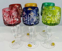 BLEIKRISTALL MULTI COLOR CASED CUT TO CLEAR CRYSTAL WINE GOBLETS Set of 6