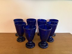 Cobalt Blue Recycled Glass Handmade 5.5”Stemmed Egyptian Glasses Set Of 8