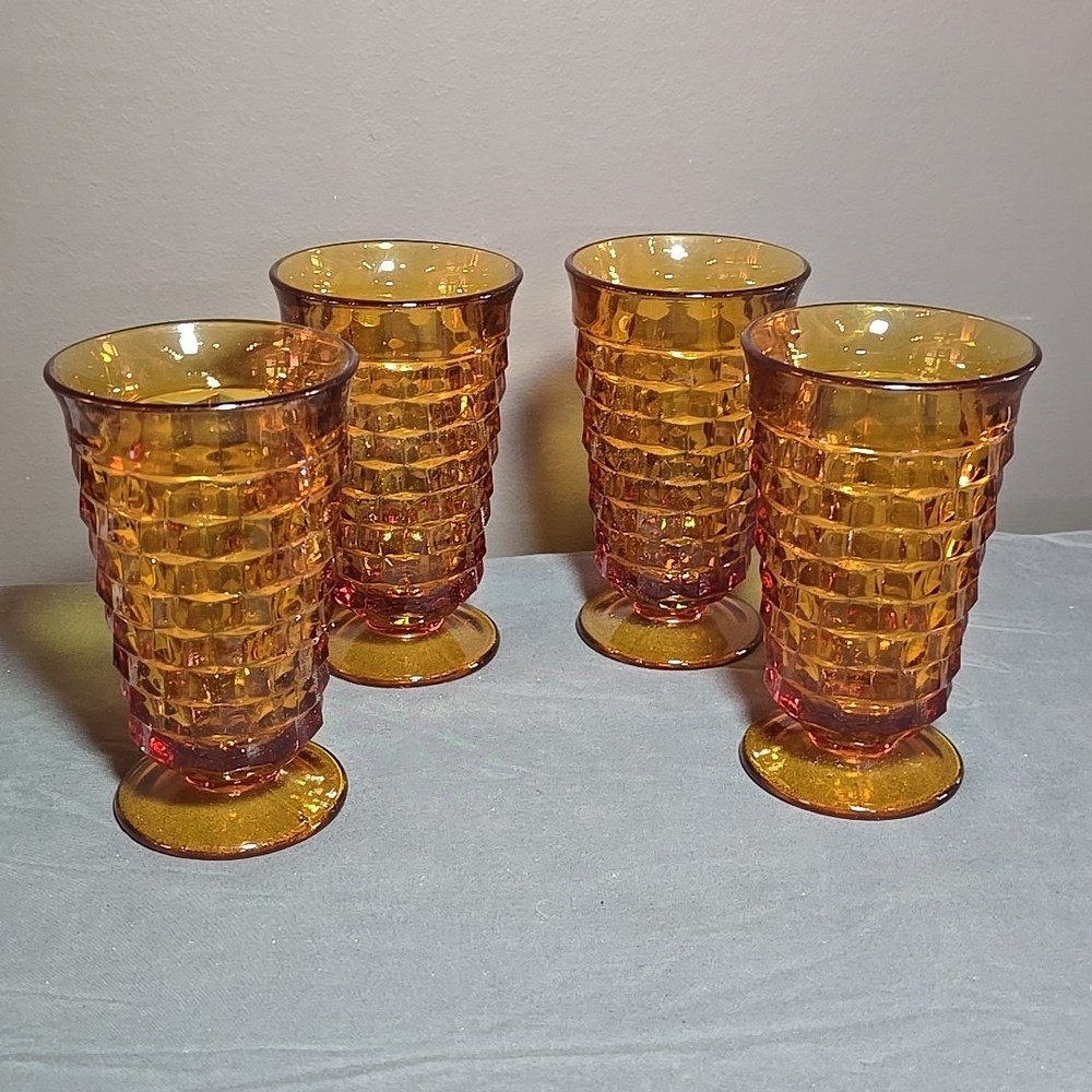 Vintage Indiana Glass Colony Whitehall Cubist Iced Tea Glasses Set of 4 Amber 6”